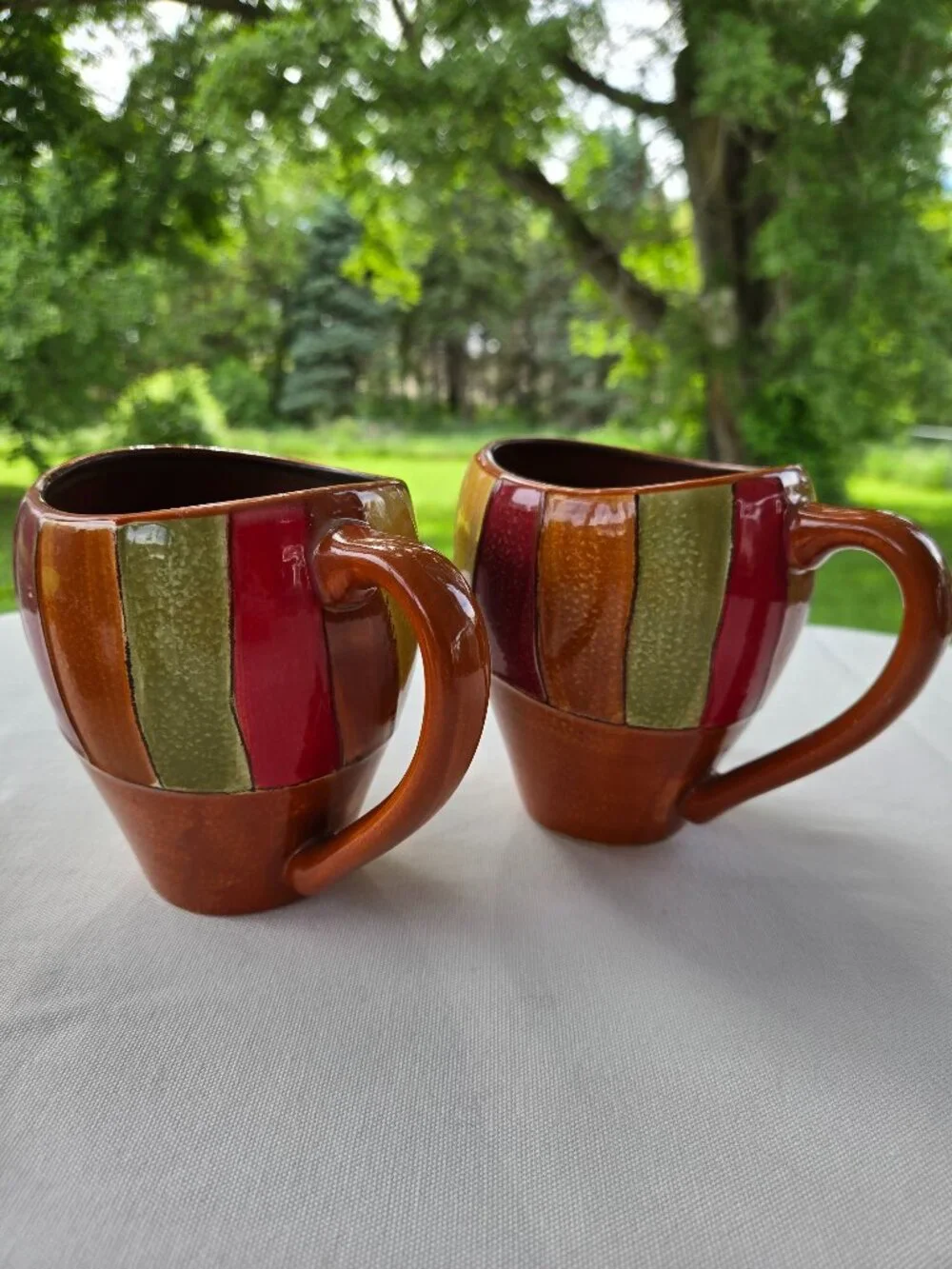 Set of 2 Pier 1 Wavy Stripe Pattern Coffee Mug Cup Hand-Painted Stoneware